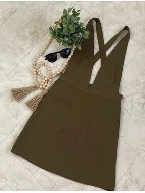 Lucid Pink Olive Green Pinafore Dress with Front Pockets Size M